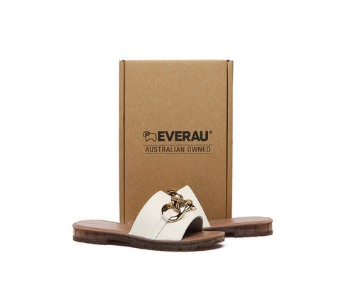 EVERAU® Women Leather Metal Ultra Soft Flat Slides Jianna