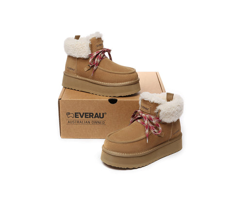 EVERAU® UGG Women Sheepskin Wool Lace Up Ankle Platform Boots Honour