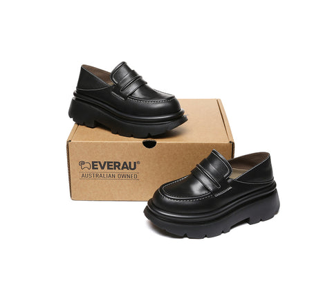 EVERAU® Women Leather Black Platform Chunky Loafers Evanna